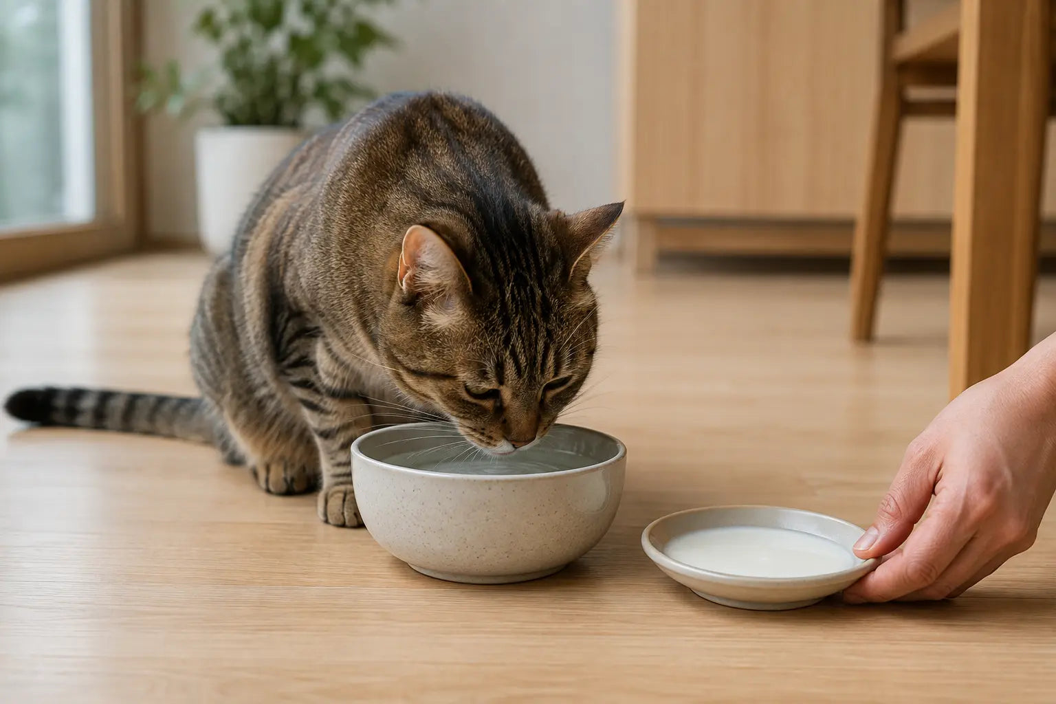 Volwassen kat drinkt water terwijl een schoteltje koemelk wordt weggehaald