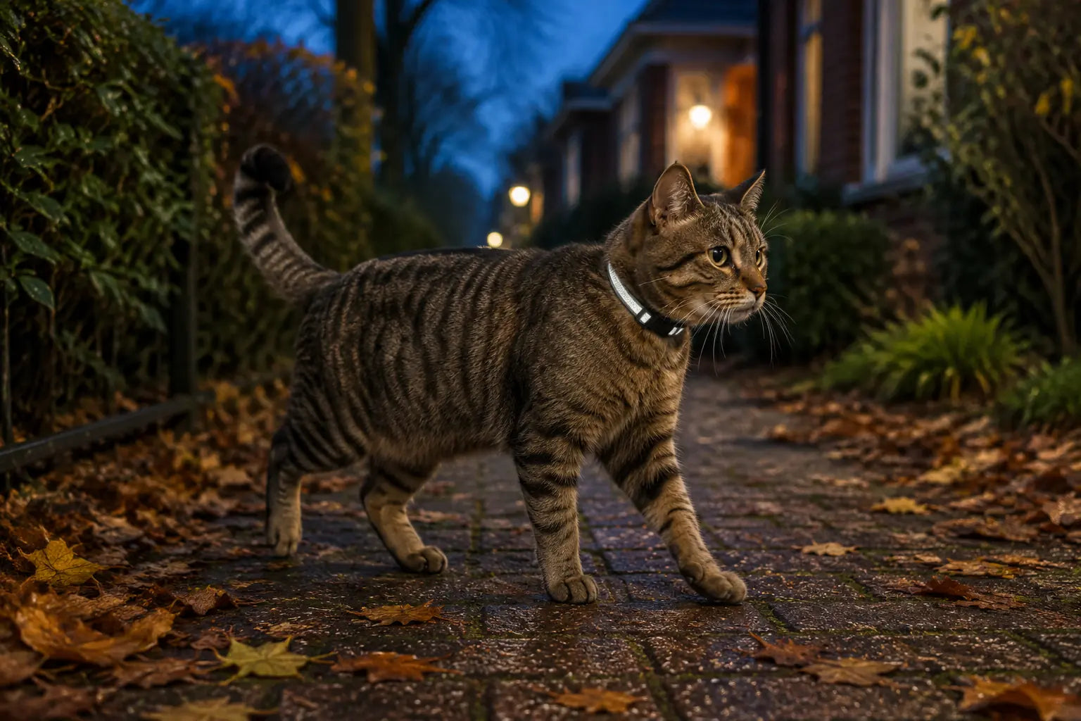 Kat met reflecterende veiligheidshalsband loopt in de herfstdschemering dicht bij huis