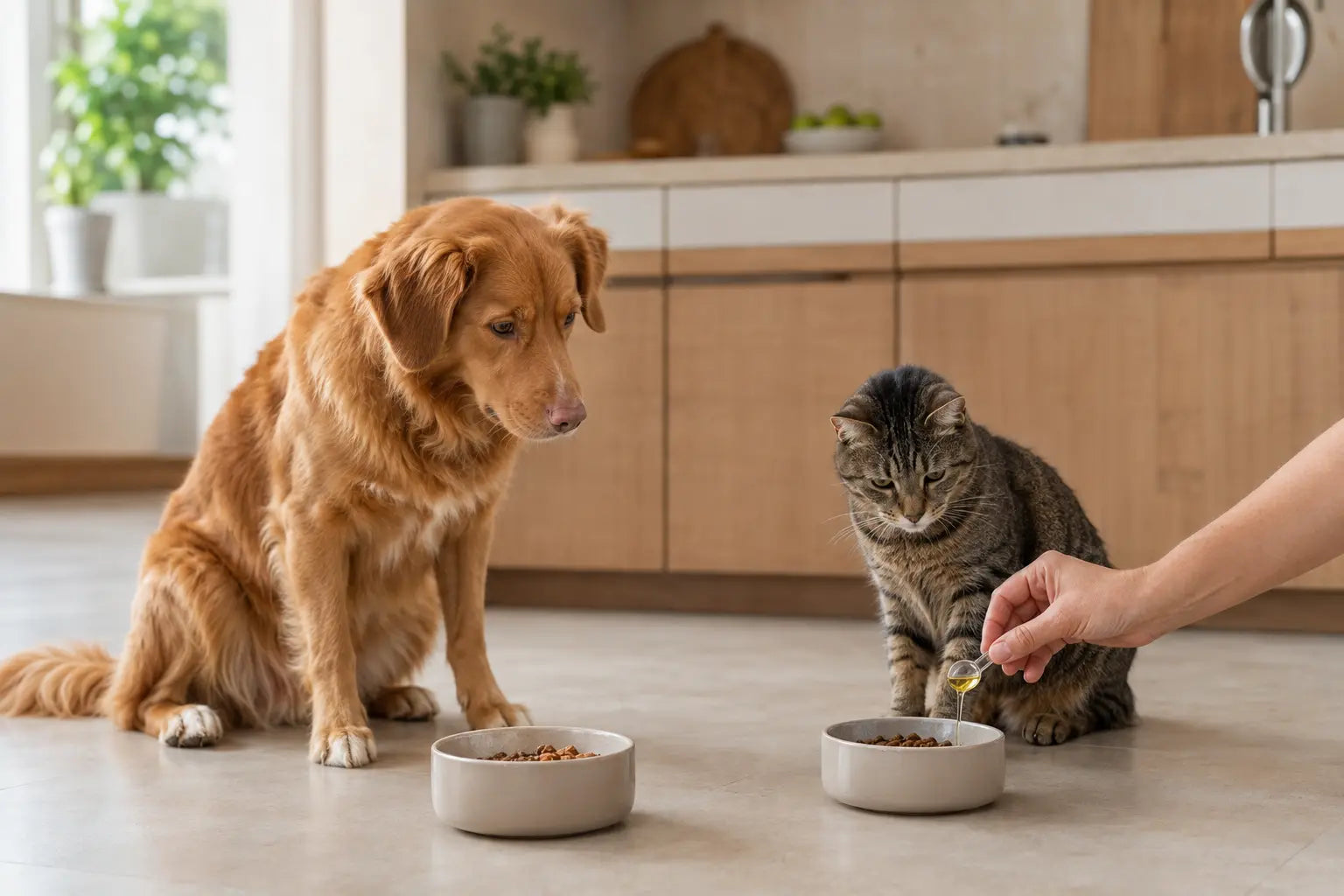Hond en kat wachten terwijl een afgemeten hoeveelheid olie aan het voer wordt toegevoegd