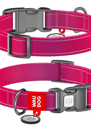 Collar WauDog Nylon Mono Obroża nylonowa odblaskowa z QR-paszportem, plastikowy fastex, S 15mm/25-35cm różowa
