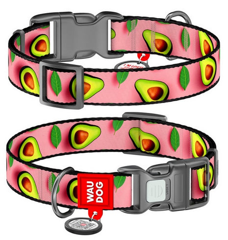 Collar WauDog Nylon Obroża nylonowa z QR-paszportem, plastikowy fastex, wzór AWOKADO NA RÓŻU, M 20mm/28-40cm
