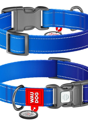 Collar WauDog Nylon Mono Obroża nylonowa odblaskowa z QR-paszportem, plastikowy fastex, L 25mm/33-49cm niebieska