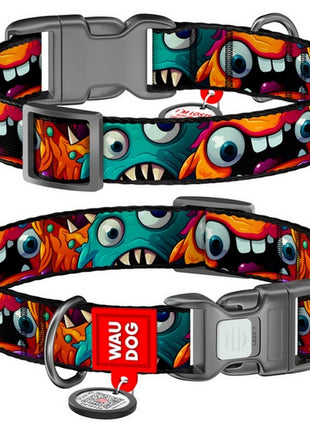 Collar WauDog Nylon Obroża nylonowa z QR-paszportem, plastikowy fastex, wzór ZĘBATE POTWORY, XXL 35mm/46-70cm